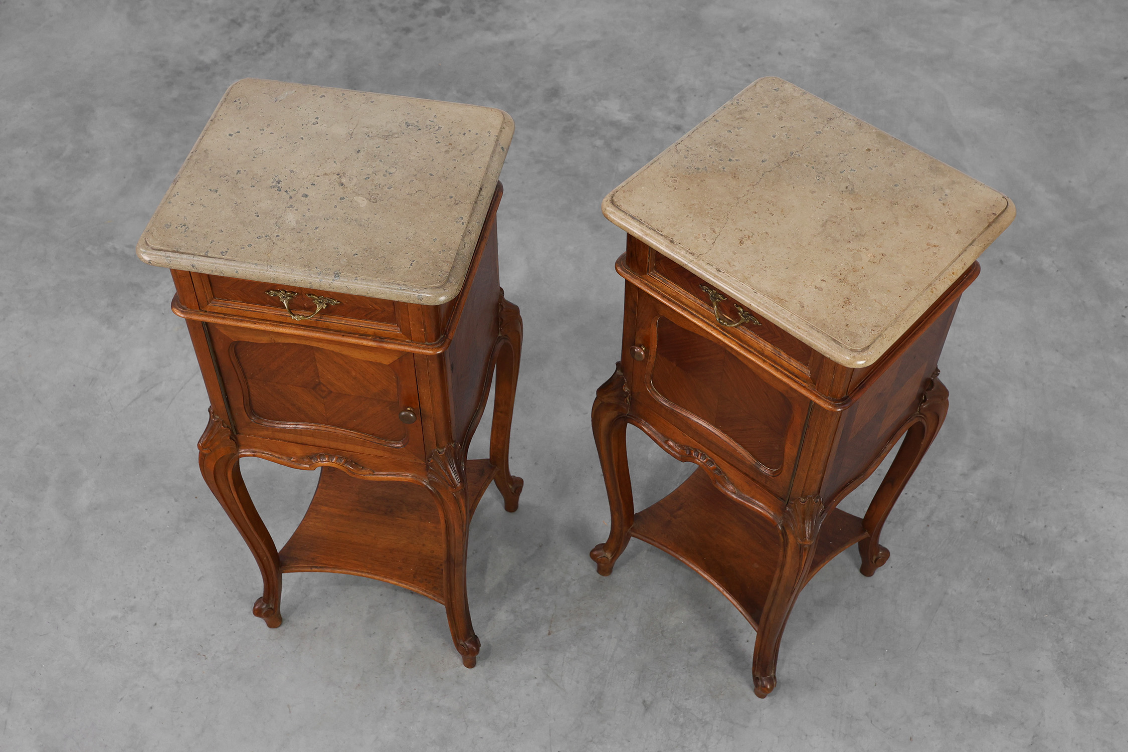 Pair Louis XV‑Style Nightstands with Marble Tops, France ca. 1900thumbnail